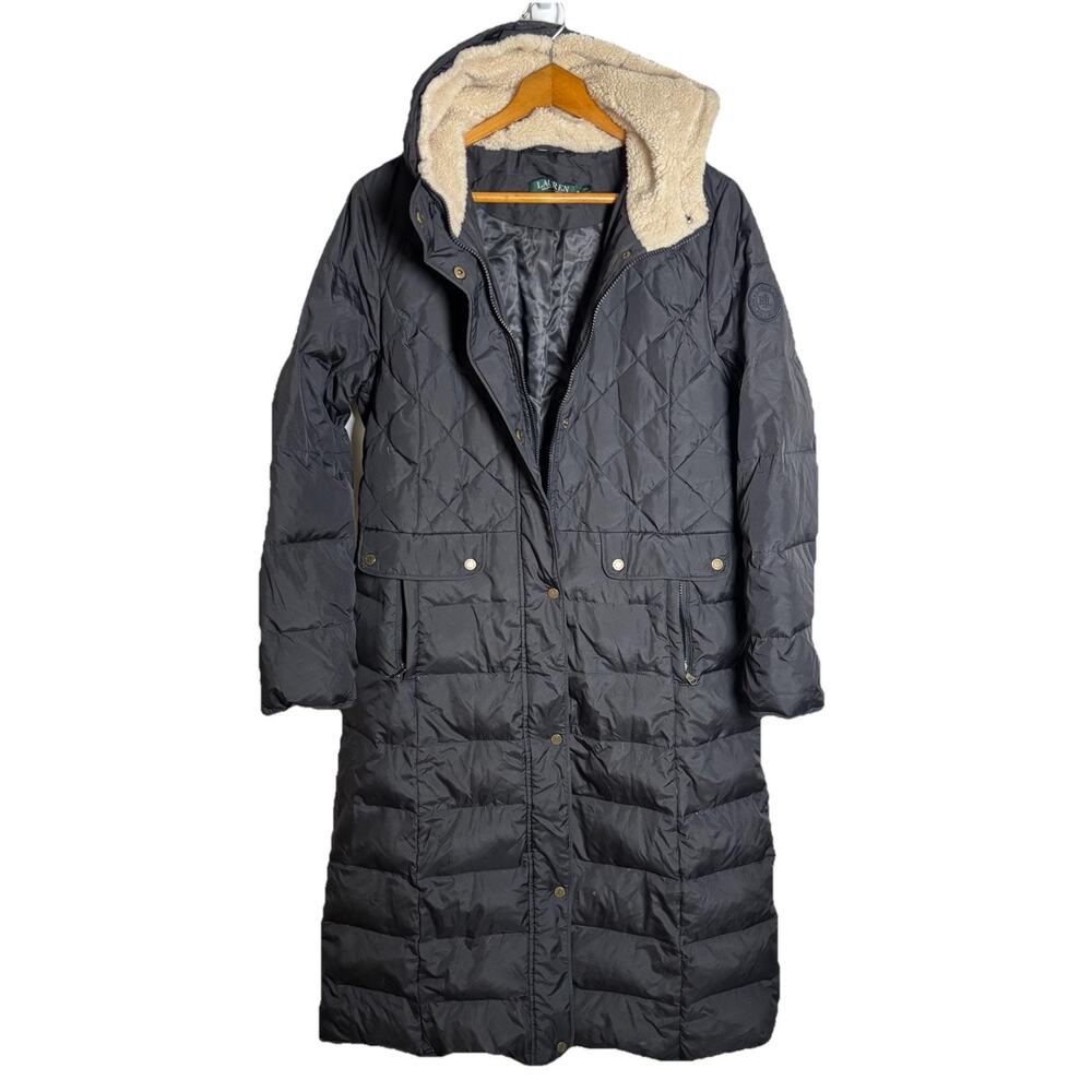 Lauren Ralph Lauren Black Quilted Down Coat Shearling Fur Size M MSRP $390